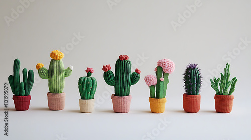 Minimalist composition of cactus potted plants on a white background  photo