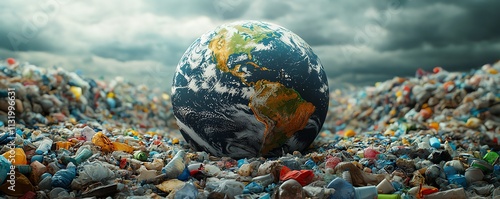 A striking scene of a globe encircled by piles of waste, with vivid colors emphasizing the urgency of combating plastic pollution photo