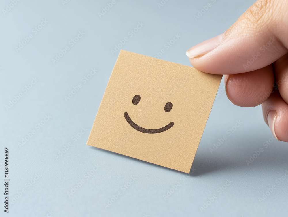 Obraz premium Hand choosing happy smile face paper cut, good feedback rating and positive customer review, mental health assessment, child wellness, world mental health day, think positive, compliment day concept