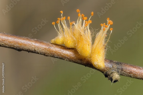 Bright orange fungal growth on a twig. photo