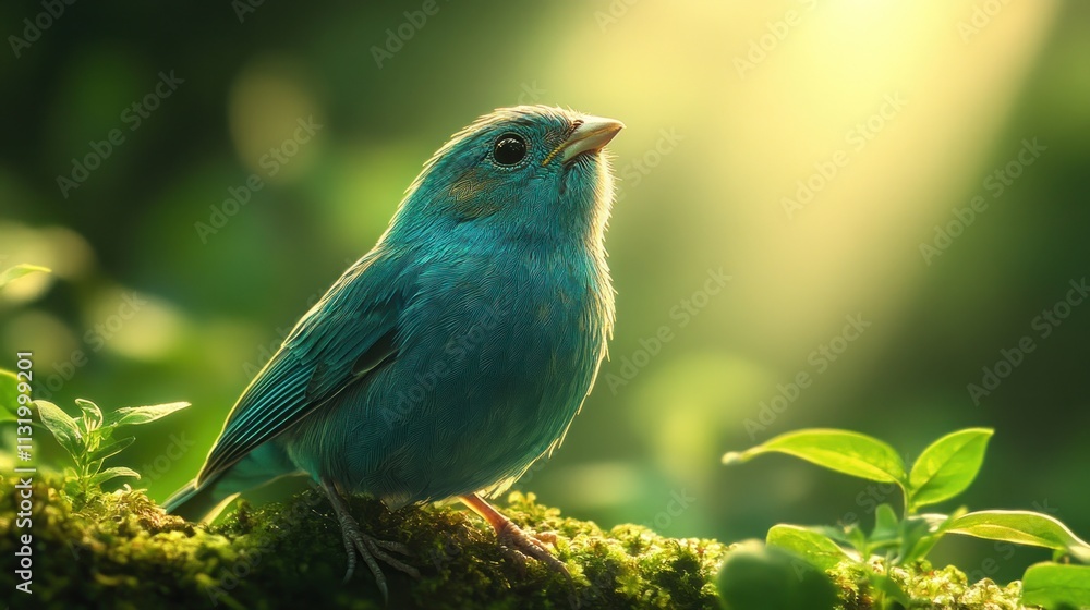Fototapeta premium Vibrant blue bird perched on mossy branch in sunlight.