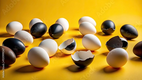 Black and white eggs: a powerful, surreal image demanding racial justice and equality for all. photo