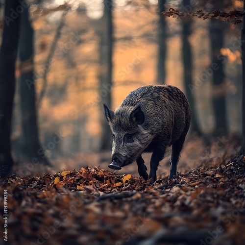 Wild Boar Foraging in Autumn Forest photo