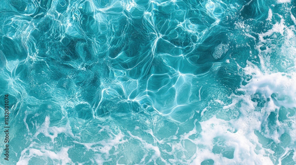 Fototapeta premium Aerial view of turquoise ocean water with white foam.