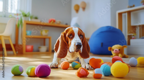 Playful dog having fun with pet toys in minimalist home setting, AI generative. photo