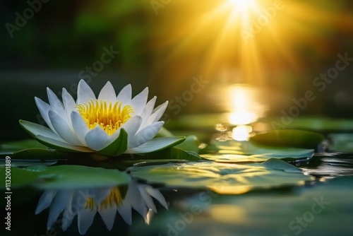 Serene White Water Lily Blooming on a Calm Water Surface with Soft Sunlight Reflections Enhancing the Natural Beauty of the Tranquil Pond Environment