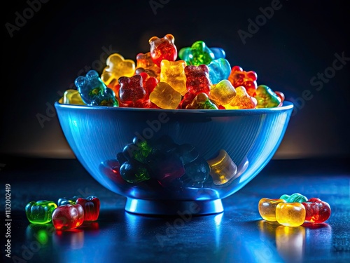 Dark background highlights blue bowl filled with gummy bear silhouettes â€“ candy photography. photo