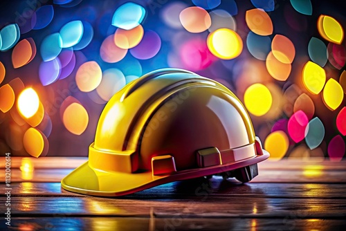 Dark, stylized illustration: a hard hat glows with bokeh, emphasizing industrial safety. photo