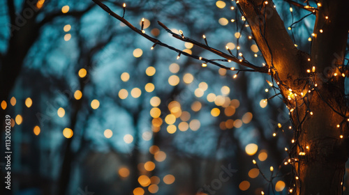 Holiday lights twinkle on trees creating a festive atmosphere, AI generative. photo