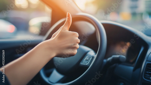 A smiling driver showing a thumbs up inside a car, expressing positivity, AI generative. photo