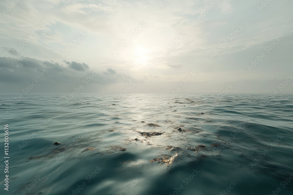 Obraz premium Serene Horizon Over Calm Water at Dusk with Gentle Waves Reflecting Soft Sunlight and Overcast Clouds in a Peaceful Coastal Scene