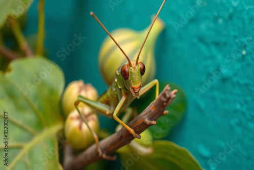 Field grasshoppers, also known as Locusta migratoria, are yellowish-brown in color and large in size. Eats leaves and shoots.  photo