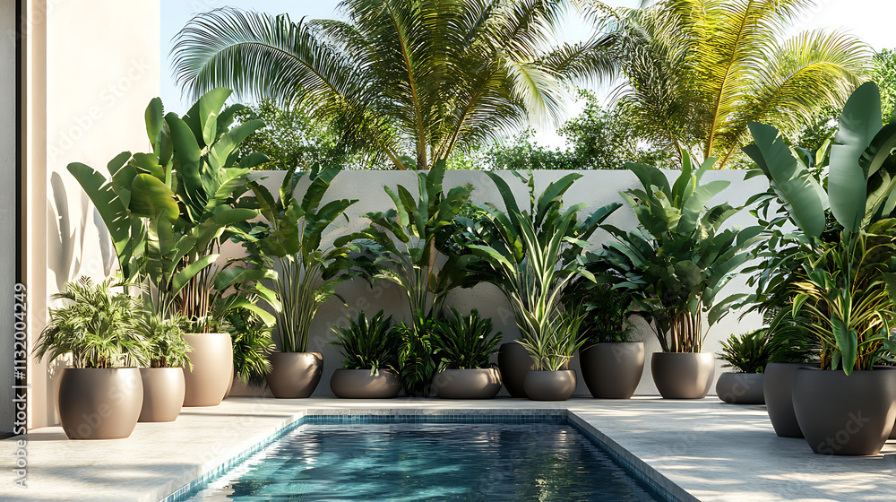 Fototapeta premium Potted tropical plants arranged around a pool area enhancing the tropical atmosphere
