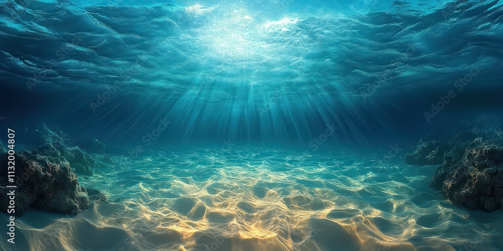 Fototapeta premium Underwater Ocean Scene with Sandy Seabed and Bright Sunlight Creating Calm Ripples in Clear Tropical Water