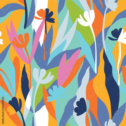 Botanical, style of cut out paper, abstract vector background. Cute colorful seamless pattern with hand drawn flowers, leaves and branches. Simple trendy floral print for fabric, wallpaper, stationery