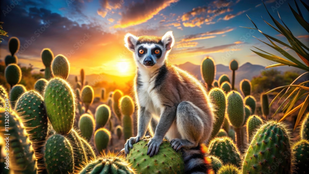 Obraz premium Exotic ring-tailed lemur showcases its style against a dramatic cactus backdrop.