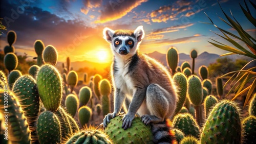 Exotic ring-tailed lemur showcases its style against a dramatic cactus backdrop. photo