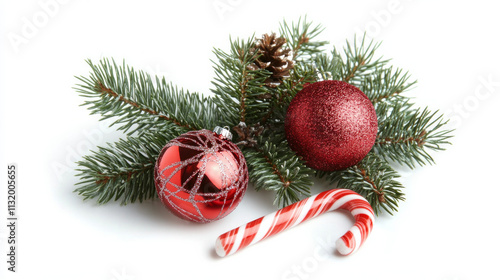 Festive candy canes and holiday decorations on a white background AI generative. photo