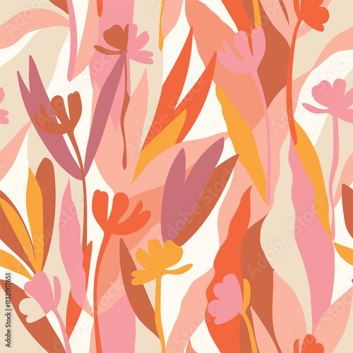 Botanical, style of cut out paper, abstract vector background. Cute colorful seamless pattern with hand drawn flowers, leaves and branches. Simple trendy floral print for fabric, wallpaper, stationery