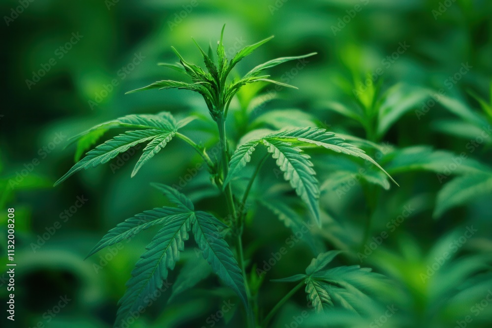Fototapeta premium Close-up of green cannabis plant leaves in natural light.
