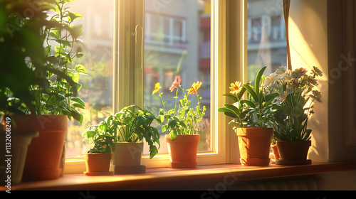 Windowsill filled with potted plants enjoying natural sunlight  photo