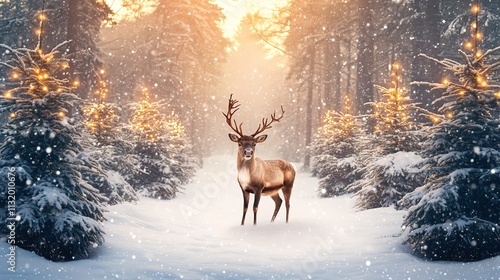 Close up Christmas banner with magical scene of a reindeer in center in snowy forest with Christmas trees with lights and stars with copy space, 8k image