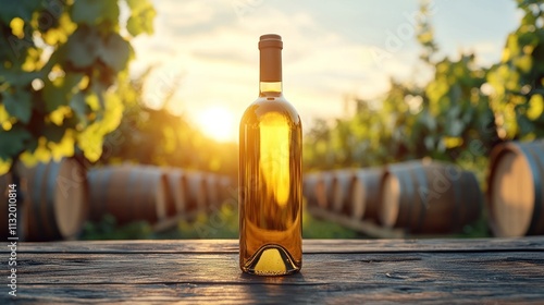 White wine bottle on wooden table in vineyard at sunset. photo