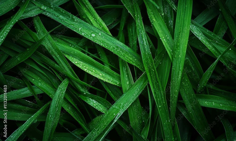 Fototapeta premium Lush green grass blades with water droplets.