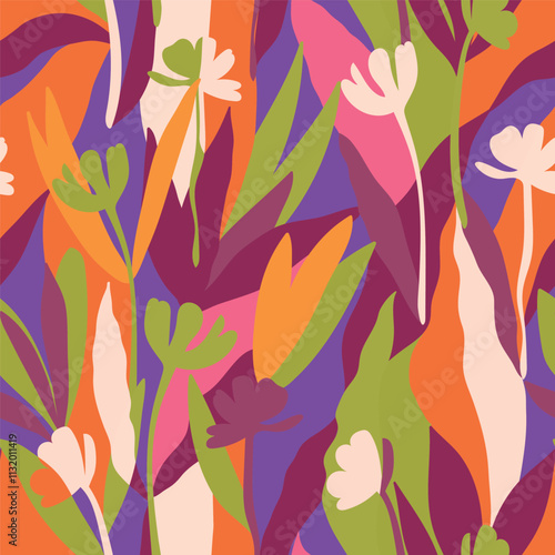 Botanical, style of cut out paper, abstract vector background. Cute colorful seamless pattern with hand drawn flowers, leaves and branches. Simple trendy floral print for fabric, wallpaper, stationery