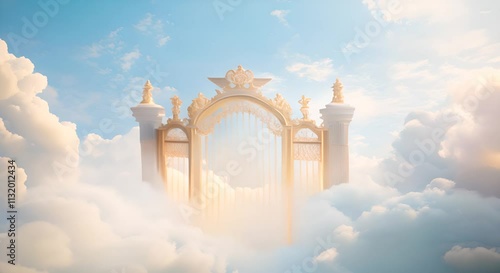 A majestic golden gate stands tall amidst fluffy white clouds, representing the ethereal doors to heaven and the promise of afterlife.