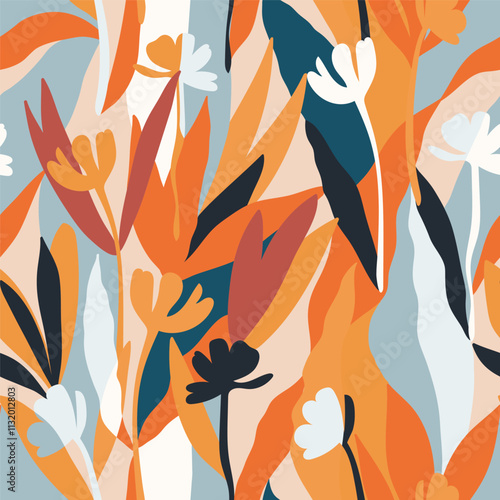 Botanical, style of cut out paper, abstract vector background. Cute colorful seamless pattern with hand drawn flowers, leaves and branches. Simple trendy floral print for fabric, wallpaper, stationery