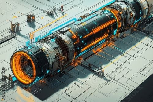 Futuristic cylindrical machine with glowing orange and blue accents. Ideal for sci-fi, technology, and industrial designs. photo