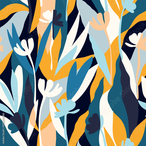 Botanical, style of cut out paper, abstract vector background. Cute colorful seamless pattern with hand drawn flowers, leaves and branches. Simple trendy floral print for fabric, wallpaper, stationery