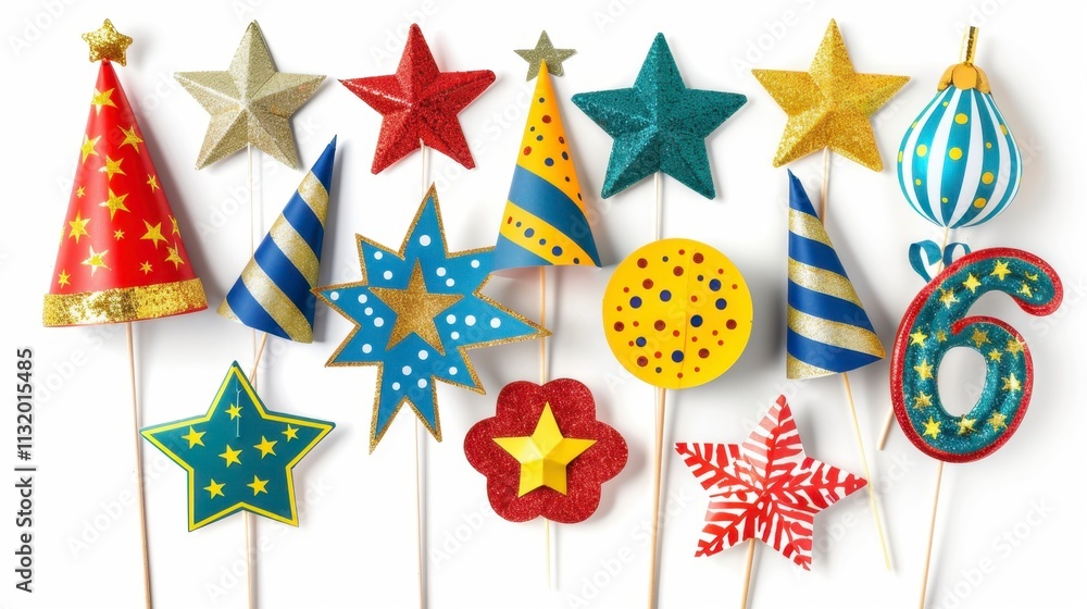 Fototapeta premium New Year's Eve photo booth props in festive colors, isolated on a white background. Fun and unusual.