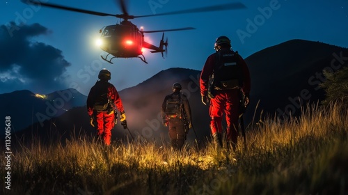 Search and rescue personnel equipped for nighttime operation in a mountainous region photo