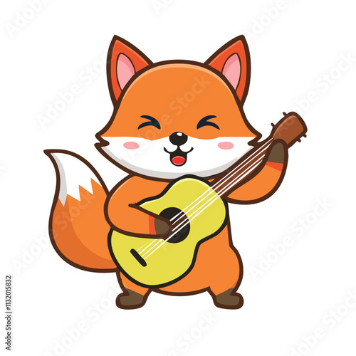 A cheerful cartoon fox playing a yellow guitar, exuding joy and musicality.