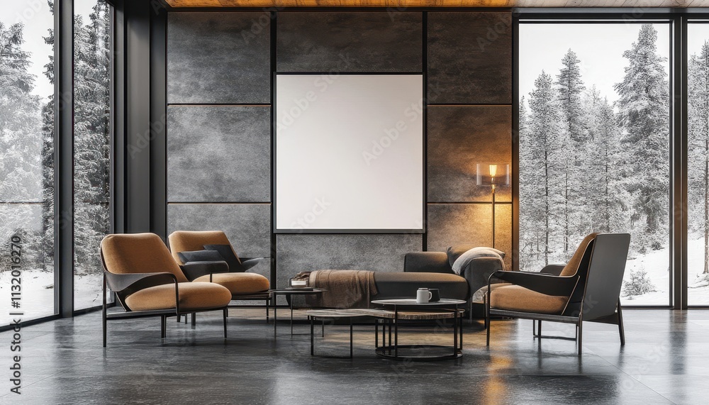 Fototapeta premium Cozy Winter Lodge Living Room with Stunning Snowy Forest View.