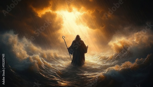 Moses Parts the Reed Sea Surrounded by Turbulent Waters and Divine Light in a Biblical Miracle Scene photo