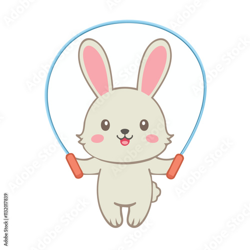 A cute bunny character jumping rope with a cheerful expression.