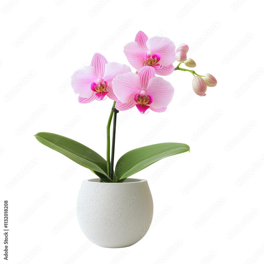Naklejka premium A beautiful pink orchid with delicate petals and green leaves, elegantly arranged in a round white pot.