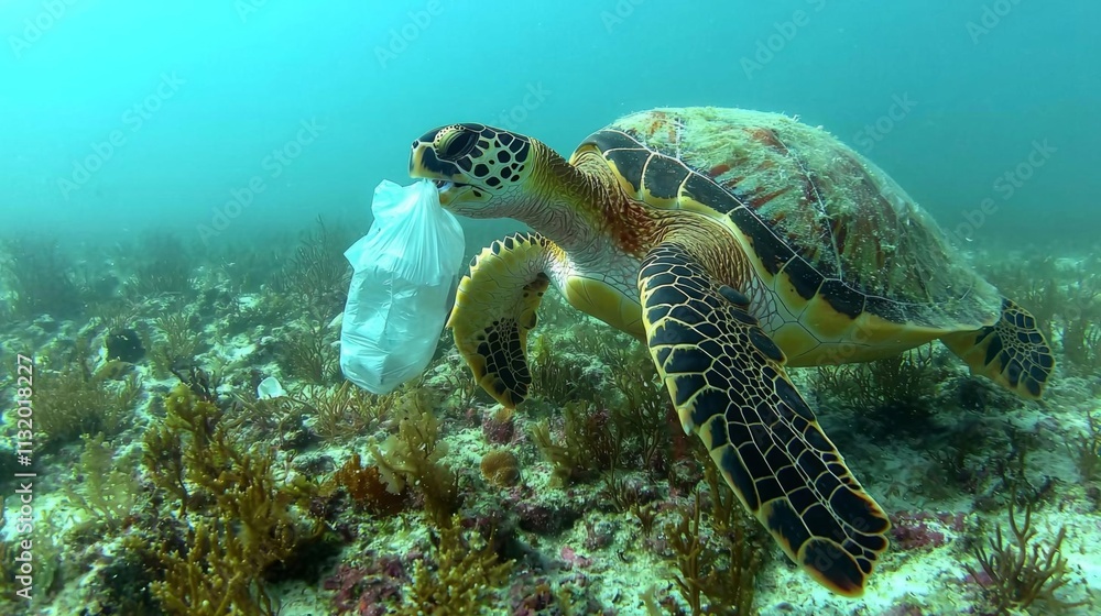 Obraz premium Hawksbill sea turtle trying to eat plastic bag floating in tropical coral reef , isolated on white background, , copy space, copy space for text,