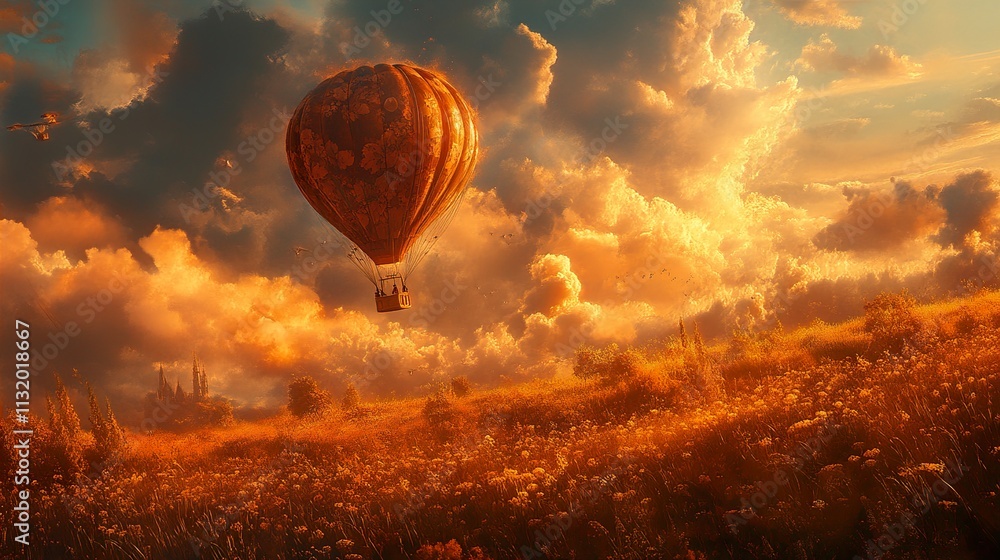 Obraz premium Hot Air Balloon over Sunset Landscape: A Dreamlike Journey