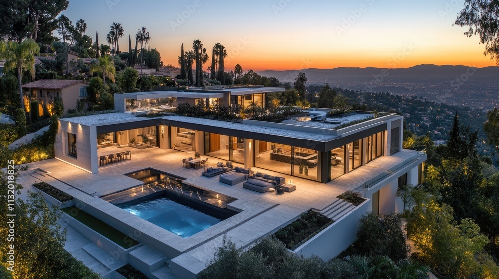 Fototapeta premium Modern hillside mansion with pool, showcasing luxury and scenic views at sunset.