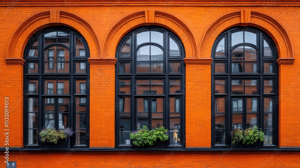 Obraz premium Three arched windows in orange brick wall.
