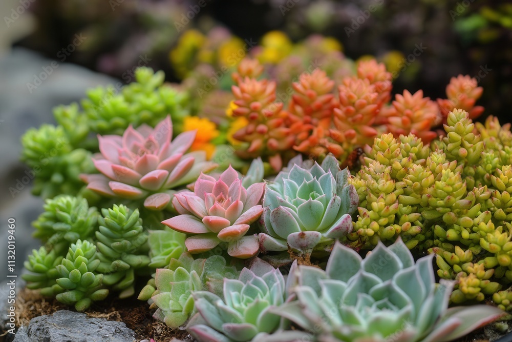 Fototapeta premium Colorful assortment of succulents in a garden setting.
