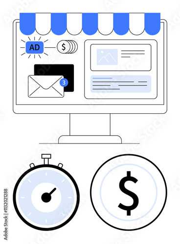 Computer with various digital marketing elements and e-commerce icons, stopwatch, dollar sign. Ideal for online business, digital marketing, e-commerce, advertising, email marketing, time management