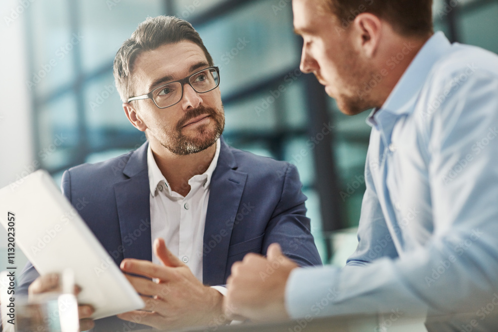 Fototapeta premium Tablet, finance and business men in office with research for online stock market investment. Discussion, team and male financial advisors with digital technology for company capital gain proposal.