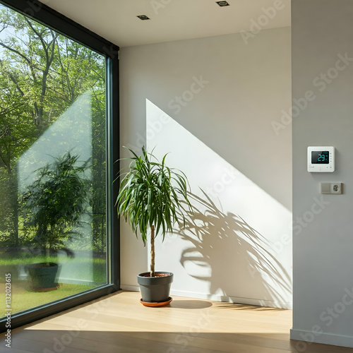 Minimalist interior with potted plant and sunlight" / "Bright modern home corner with glass wall