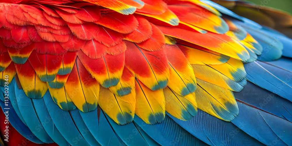 Fototapeta premium A close-up of a scarlet macaw bird’s vibrant feathers, showcasing a brilliant blend of red, blue, and yellow.