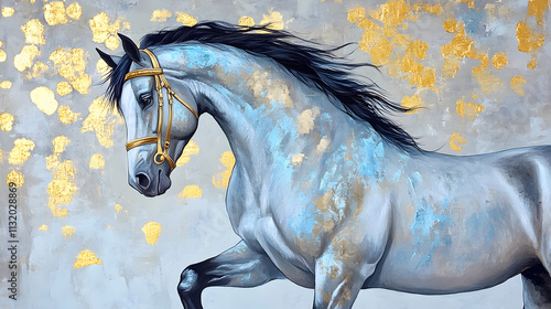 Abstract painting of majestic horse with gold leaf accents and blue, silver, and gold tones, horse, abstract, painting, oil. Majestic. Illustration photo